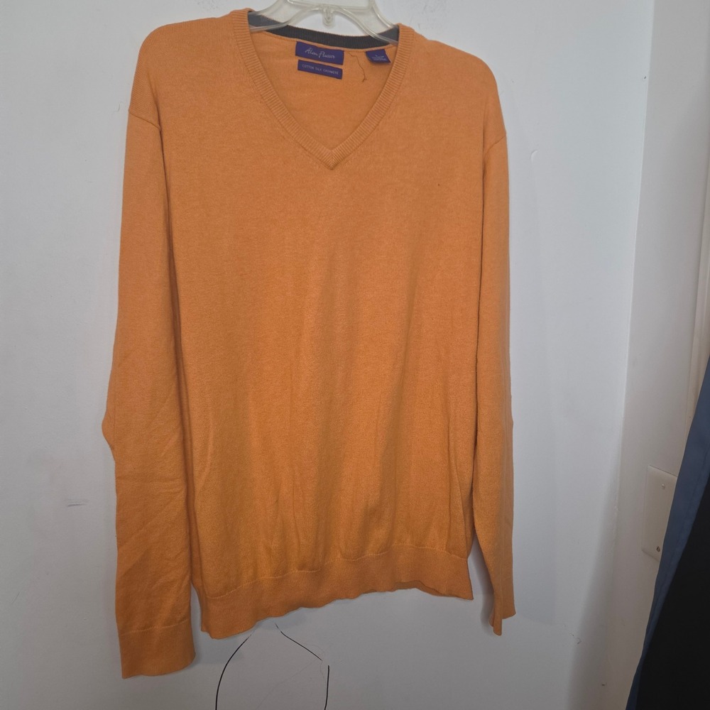 Alan Flusser Mens Orange Cotton Silk Cashmere V-Neck Sweater Size L Long‎ Sleeve